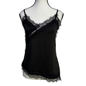 Black Lace Cami Top Medium Asymmetrical Eyelash Trim Tank Goth Coquette Y2K Chic